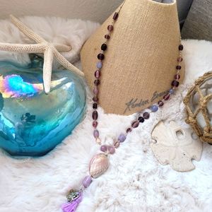 Purple Dolphin Mermaid Seashell Glass Beaded Necklace 🐚 💜 🌊 Handmade
